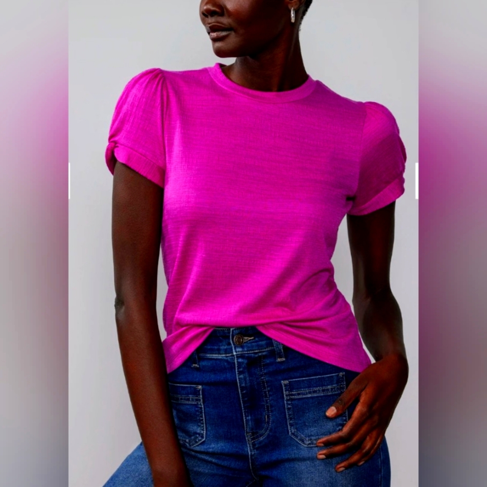New York & Company Crew Neck Twist Puff Sleeve Top